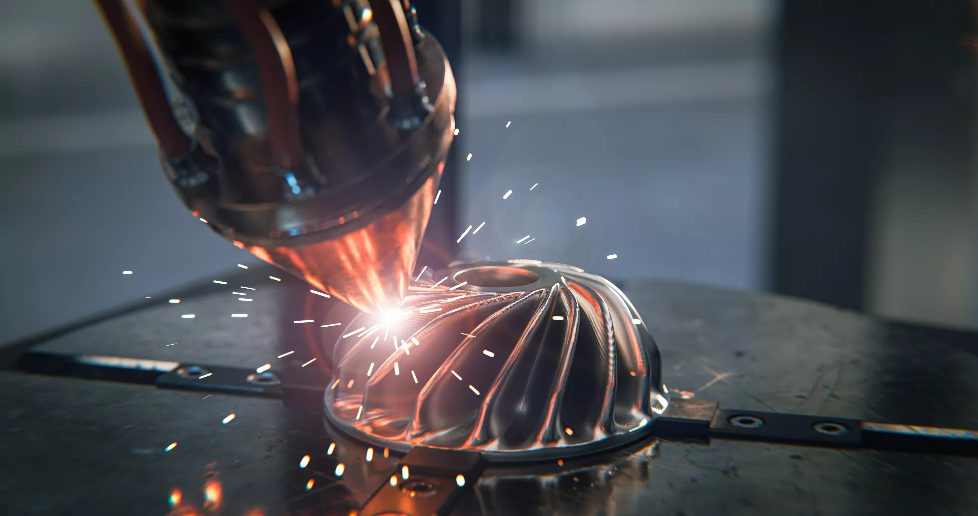rapid prototyping. A modern 3D printer is printing a metal turbine.