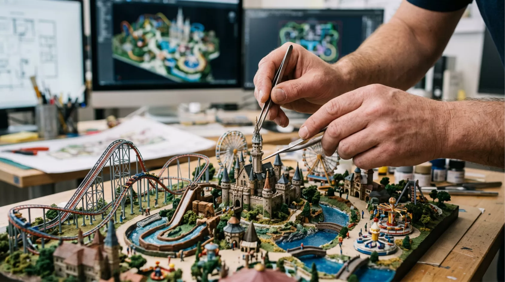 concept of a professional model maker building parts of Universal Studios Bedfordshire